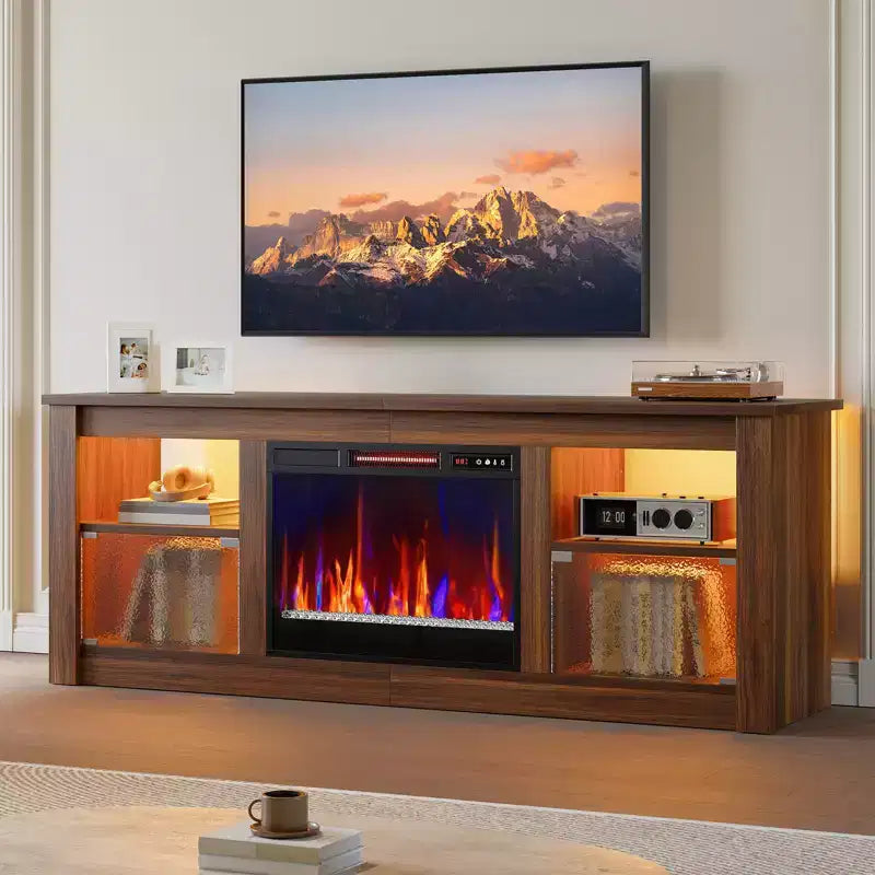 Mobile TV Bestier da 63 pollici con camino per TV fino a 70 pollici, console multimediale con armadietti e mensole, centro di intrattenimento a LED con riscaldatore a camino con telecomando