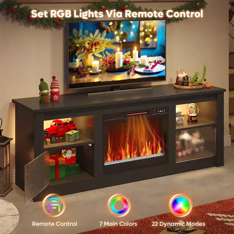 Mobile TV Bestier da 63 pollici con camino per TV fino a 70 pollici, console multimediale con armadietti e mensole, centro di intrattenimento a LED con riscaldatore a camino con telecomando