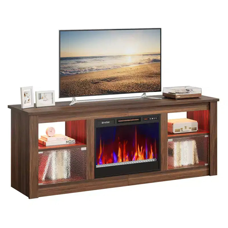 Mobile TV Bestier da 63 pollici con camino per TV fino a 70 pollici, console multimediale con armadietti e mensole, centro di intrattenimento a LED con riscaldatore a camino con telecomando
