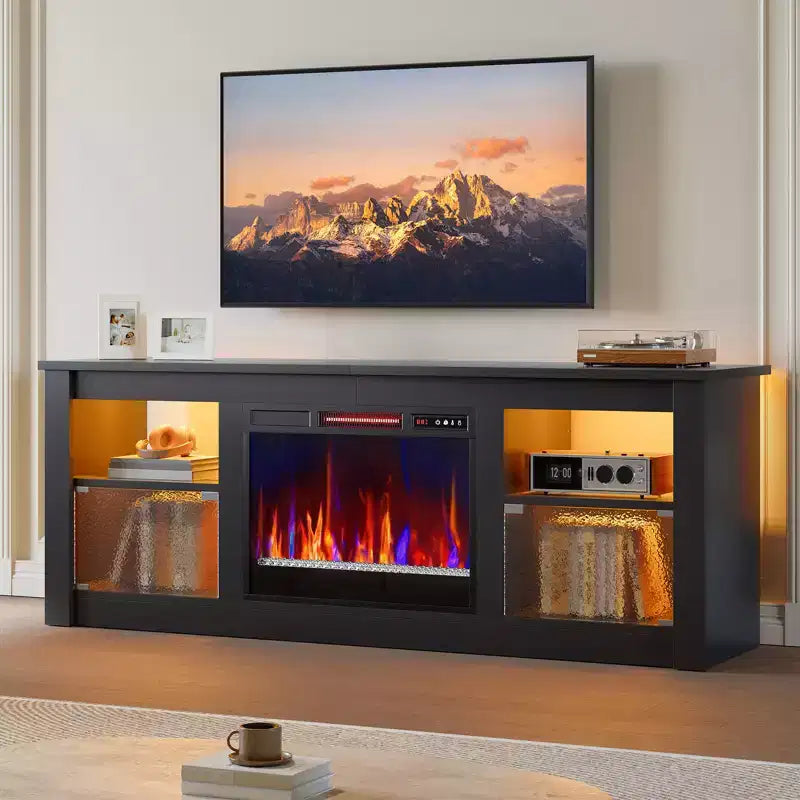 Mobile TV Bestier da 63 pollici con camino per TV fino a 70 pollici, console multimediale con armadietti e mensole, centro di intrattenimento a LED con riscaldatore a camino con telecomando
