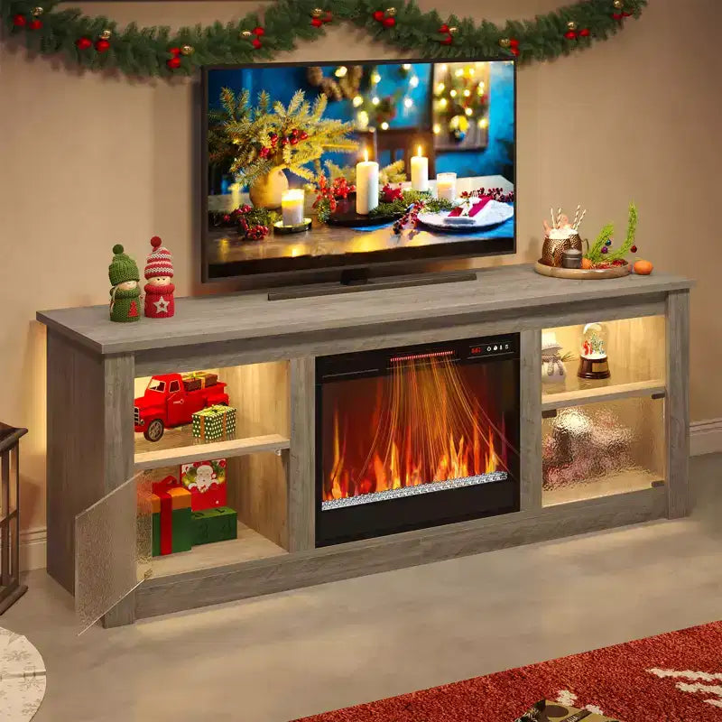 Mobile TV Bestier da 63 pollici con camino per TV fino a 70 pollici, console multimediale con armadietti e mensole, centro di intrattenimento a LED con riscaldatore a camino con telecomando