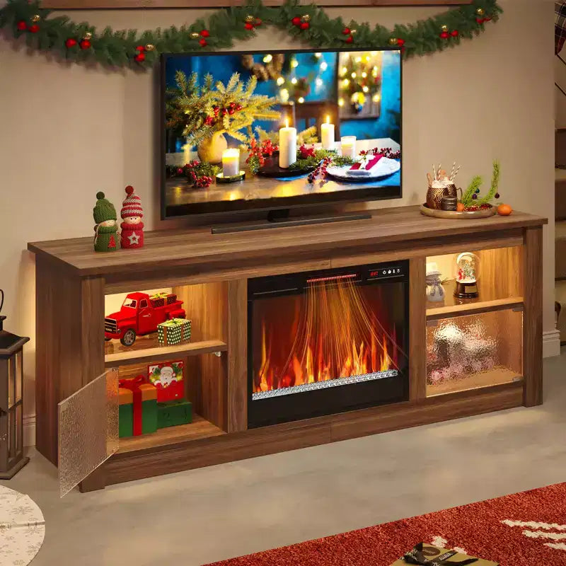 Mobile TV Bestier da 63 pollici con camino per TV fino a 70 pollici, console multimediale con armadietti e mensole, centro di intrattenimento a LED con riscaldatore a camino con telecomando