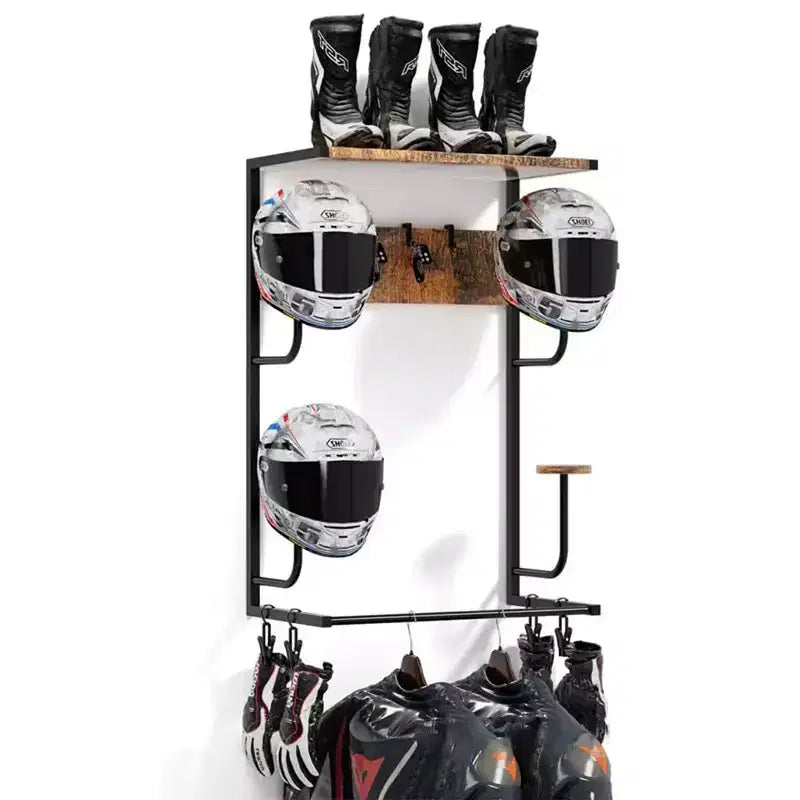 Motorcycle Helmet Holder Wall Mounted, Helmet Wall Mount with 4 Hat Stands and 4 Hooks, Motorcycle Gear Rack for Most of Helmet and Clothes