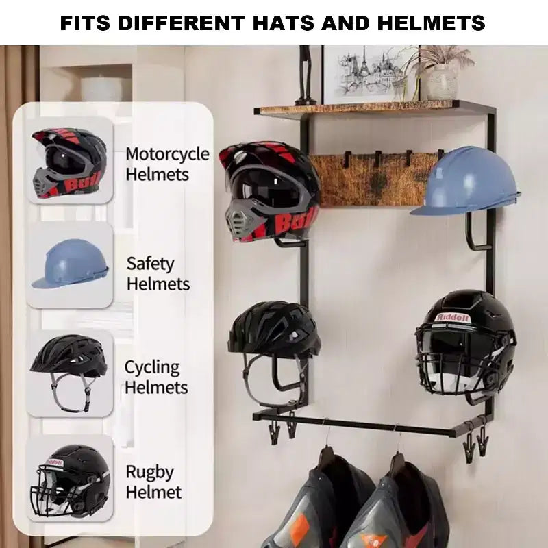 Supporto per casco da moto montato a parete, supporto da parete per casco con 4 stand per cappelli e 4 ganci, portaoggetti per attrezzi da moto per la maggior parte dei caschi e dei vestiti
