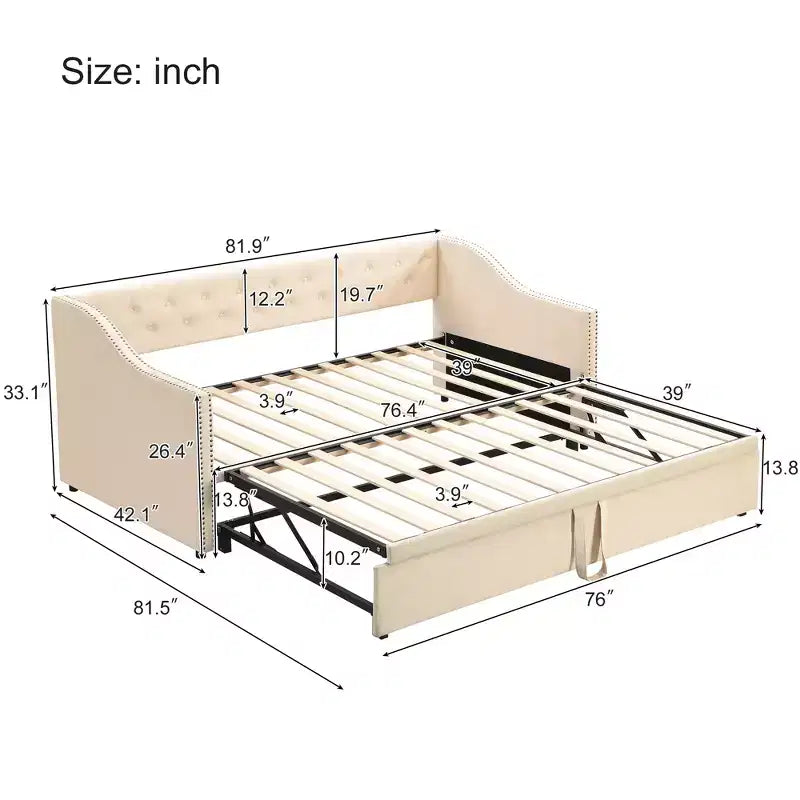 Divano letto singolo imbottito con letto estraibile a scomparsa, Struttura letto singolo con letto estraibile allungabile, Divano letto capitonné, Camera da letto, Soggiorno Beige