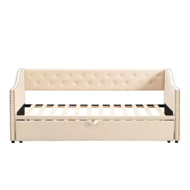 Divano letto singolo imbottito con letto estraibile a scomparsa, Struttura letto singolo con letto estraibile allungabile, Divano letto capitonné, Camera da letto, Soggiorno Beige