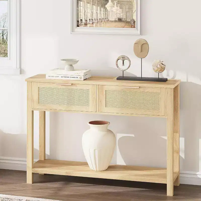 Consolle stretta in rattan, Tavolino da divano Boho con 2 cassetti, Mobile d'ingresso a 2 livelli, Tavolo dietro al divano per soggiorno e corridoio