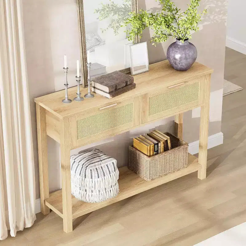 Consolle stretta in rattan, Tavolino da divano Boho con 2 cassetti, Mobile d'ingresso a 2 livelli, Tavolo dietro al divano per soggiorno e corridoio