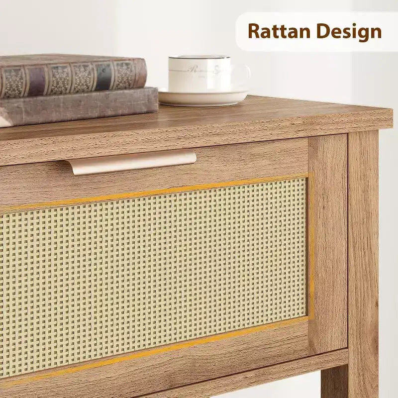 Consolle stretta in rattan, Tavolino da divano Boho con 2 cassetti, Mobile d'ingresso a 2 livelli, Tavolo dietro al divano per soggiorno e corridoio