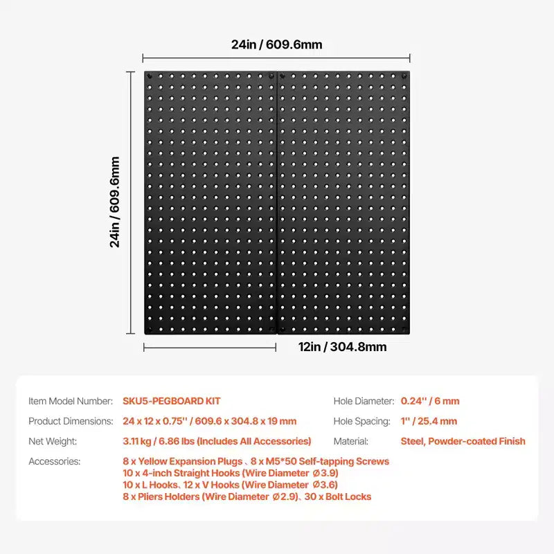 Pannelli per Pegboard in Metallo VEVOR, Pegboard 24 x 12, 2 Pannelli, Organizzatore da Parete per Pegboard Resistente con Accessori, Nero