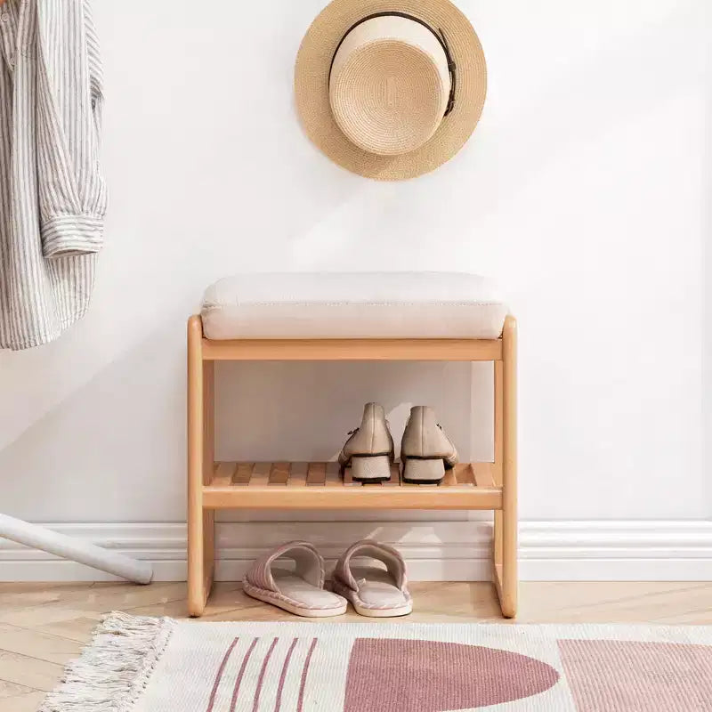 EHMKNP Natural Solid Wood Shoe Bench, Beech Wood Storage Rack Organizer with High Rebound Sponge Cushion
