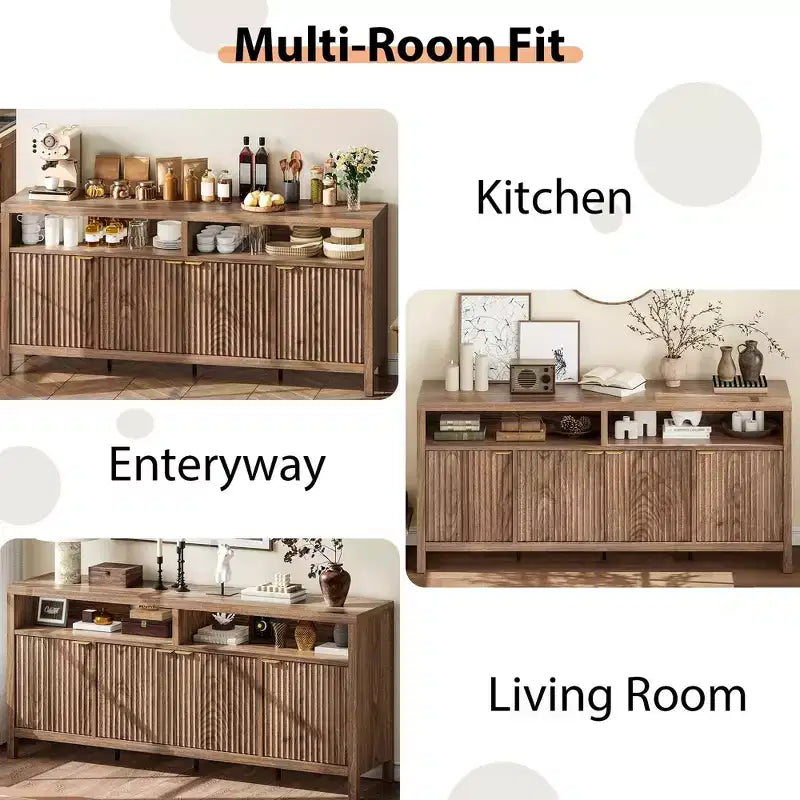 CuisinSmart Mobile Madia Moderno Scanalato da 167 cm, Credenza a 4 Ante con Ripiani Regolabili, per Sala da Pranzo, Soggiorno, Ingresso