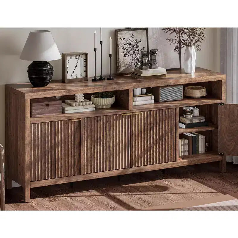 CuisinSmart Mobile Madia Moderno Scanalato da 167 cm, Credenza a 4 Ante con Ripiani Regolabili, per Sala da Pranzo, Soggiorno, Ingresso