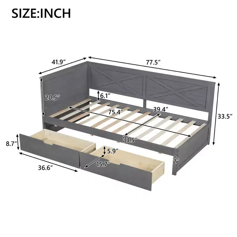Bellemave Letto a giorno rustico con rotelle e cassetto portaoggetti, Letto a giorno singolo in legno con contenitore per soggiorno, camera da letto, camera degli ospiti, Grigio