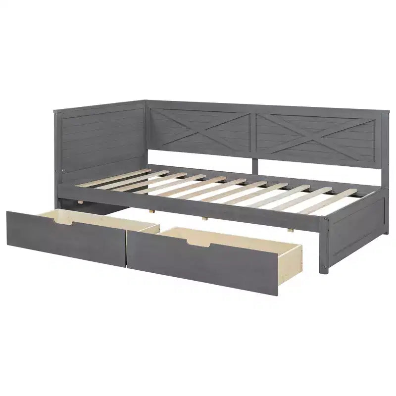 Bellemave Letto a giorno rustico con rotelle e cassetto portaoggetti, Letto a giorno singolo in legno con contenitore per soggiorno, camera da letto, camera degli ospiti, Grigio