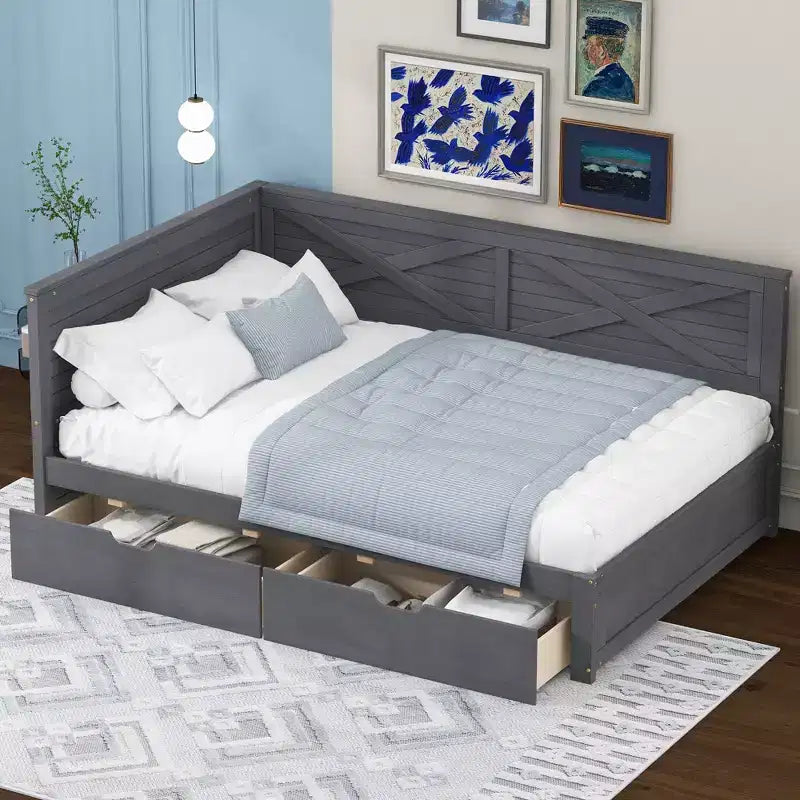 Bellemave Letto a giorno rustico con rotelle e cassetto portaoggetti, Letto a giorno singolo in legno con contenitore per soggiorno, camera da letto, camera degli ospiti, Grigio