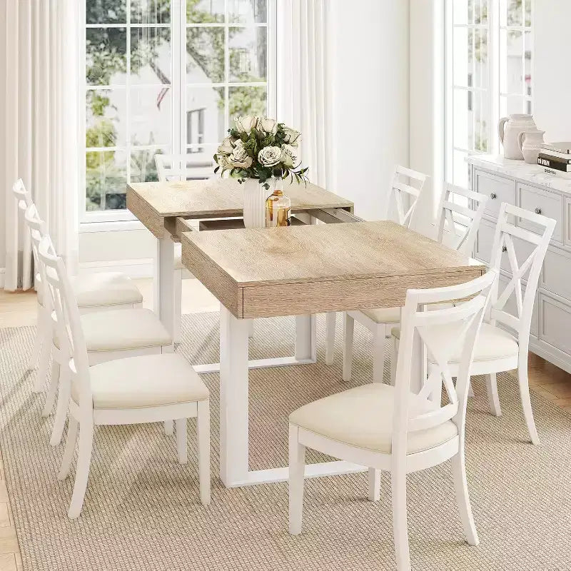 Tavolo da pranzo allungabile 63-78.7, tavolo da cucina 6-10 posti, tavolo da cucina rettangolare con binario in metallo, gambe affusolate a U per sala da pranzo, ufficio - rovere