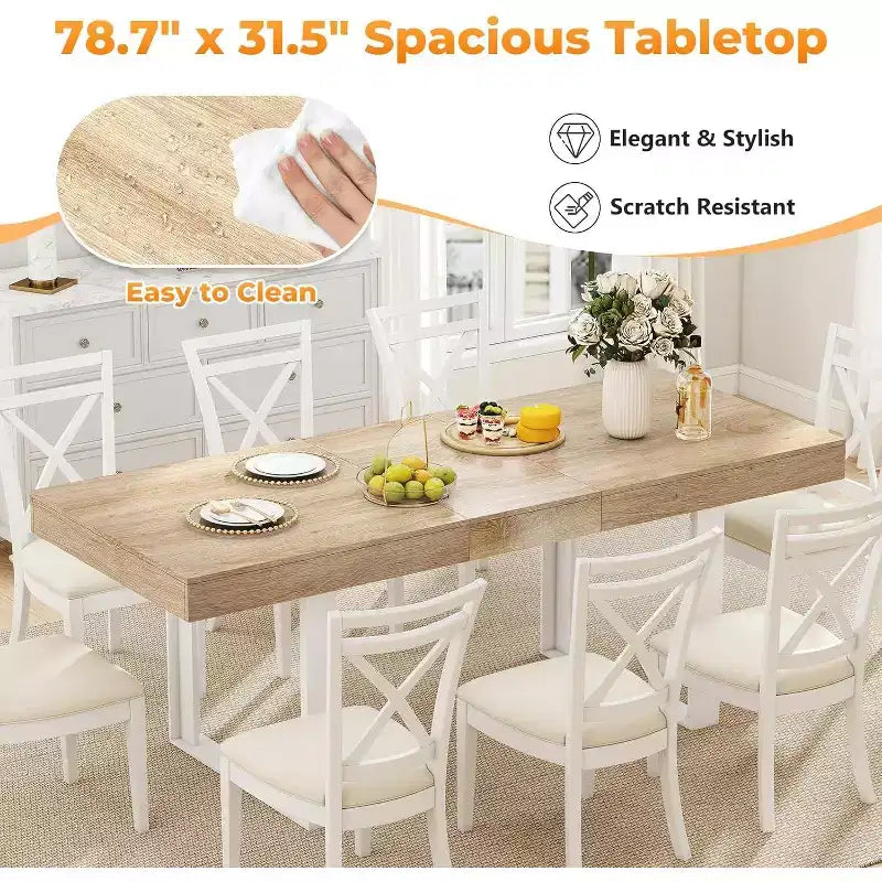 Tavolo da pranzo allungabile 63-78.7, tavolo da cucina 6-10 posti, tavolo da cucina rettangolare con binario in metallo, gambe affusolate a U per sala da pranzo, ufficio - rovere