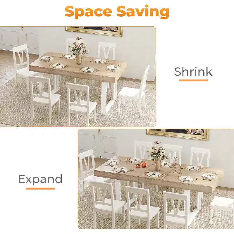 Tavolo da pranzo allungabile 63-78.7, tavolo da cucina 6-10 posti, tavolo da cucina rettangolare con binario in metallo, gambe affusolate a U per sala da pranzo, ufficio - rovere
