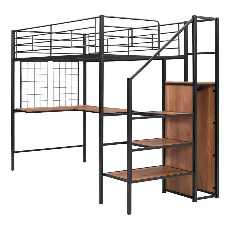 Bellemave Letto a soppalco singolo in metallo con scrivania e griglia metallica, elegante letto con struttura in metallo con scala laterale portaoggetti e armadio, nero