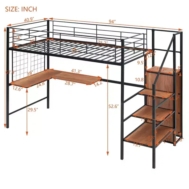 Bellemave Letto a soppalco singolo in metallo con scrivania e griglia metallica, elegante letto con struttura in metallo con scala laterale portaoggetti e armadio, nero
