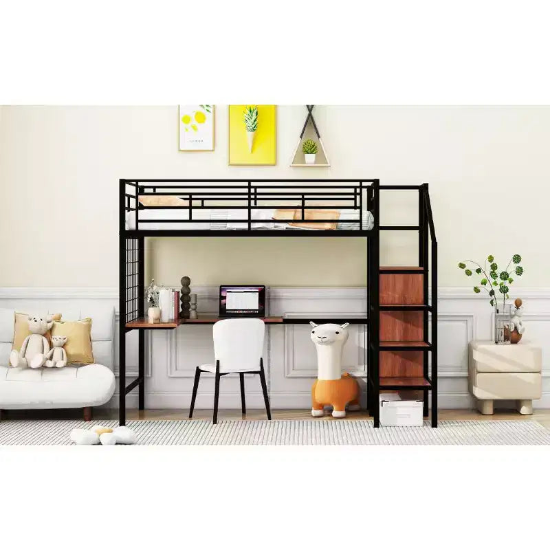 Bellemave Letto a soppalco singolo in metallo con scrivania e griglia metallica, elegante letto con struttura in metallo con scala laterale portaoggetti e armadio, nero