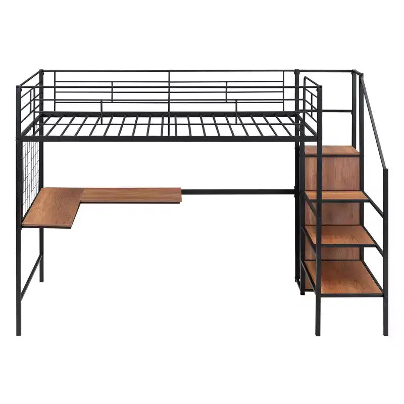 Bellemave Letto a soppalco singolo in metallo con scrivania e griglia metallica, elegante letto con struttura in metallo con scala laterale portaoggetti e armadio, nero