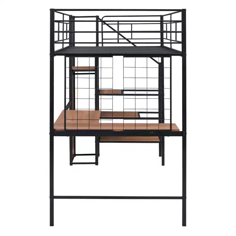Bellemave Letto a soppalco singolo in metallo con scrivania e griglia metallica, elegante letto con struttura in metallo con scala laterale portaoggetti e armadio, nero
