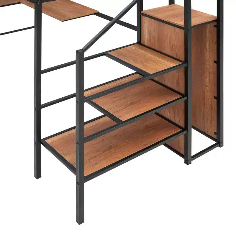 Bellemave Letto a soppalco singolo in metallo con scrivania e griglia metallica, elegante letto con struttura in metallo con scala laterale portaoggetti e armadio, nero