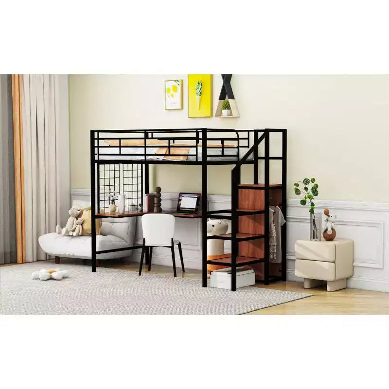 Bellemave Letto a soppalco singolo in metallo con scrivania e griglia metallica, elegante letto con struttura in metallo con scala laterale portaoggetti e armadio, nero