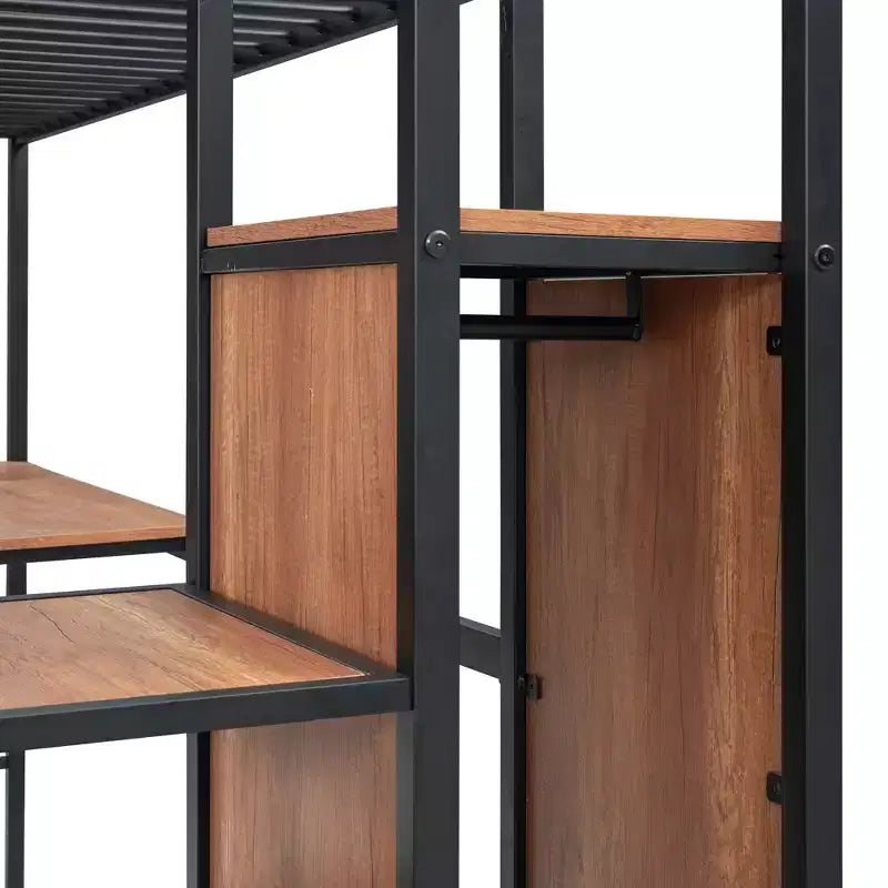 Bellemave Letto a soppalco singolo in metallo con scrivania e griglia metallica, elegante letto con struttura in metallo con scala laterale portaoggetti e armadio, nero