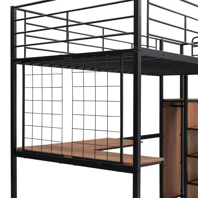 Bellemave Letto a soppalco singolo in metallo con scrivania e griglia metallica, elegante letto con struttura in metallo con scala laterale portaoggetti e armadio, nero