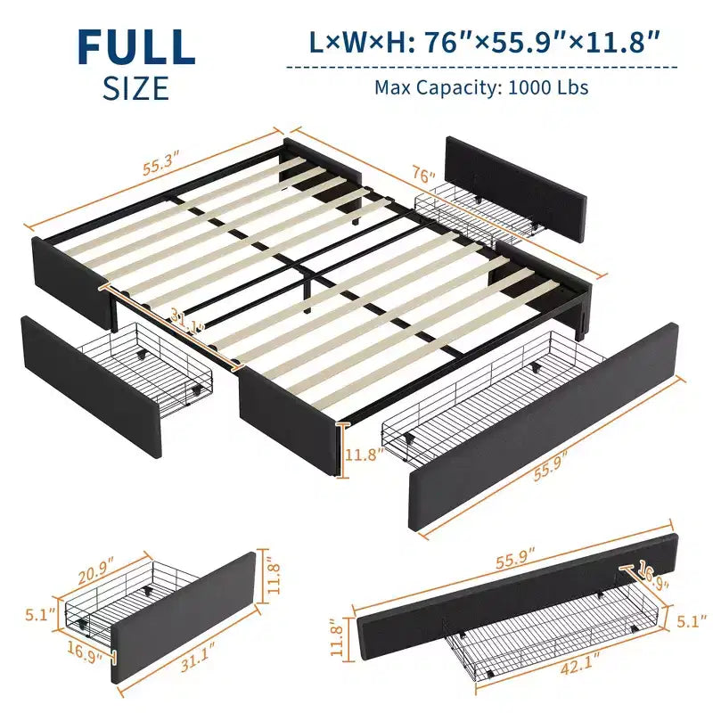 Letto a piattaforma contenitore matrimoniale con 3 ampi cassetti, letto imbottito in tessuto grigio scuro con doghe in legno, non è necessaria la rete a molle, senza rumore