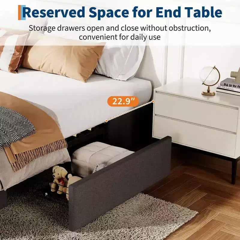 Letto a piattaforma contenitore matrimoniale con 3 ampi cassetti, letto imbottito in tessuto grigio scuro con doghe in legno, non è necessaria la rete a molle, senza rumore