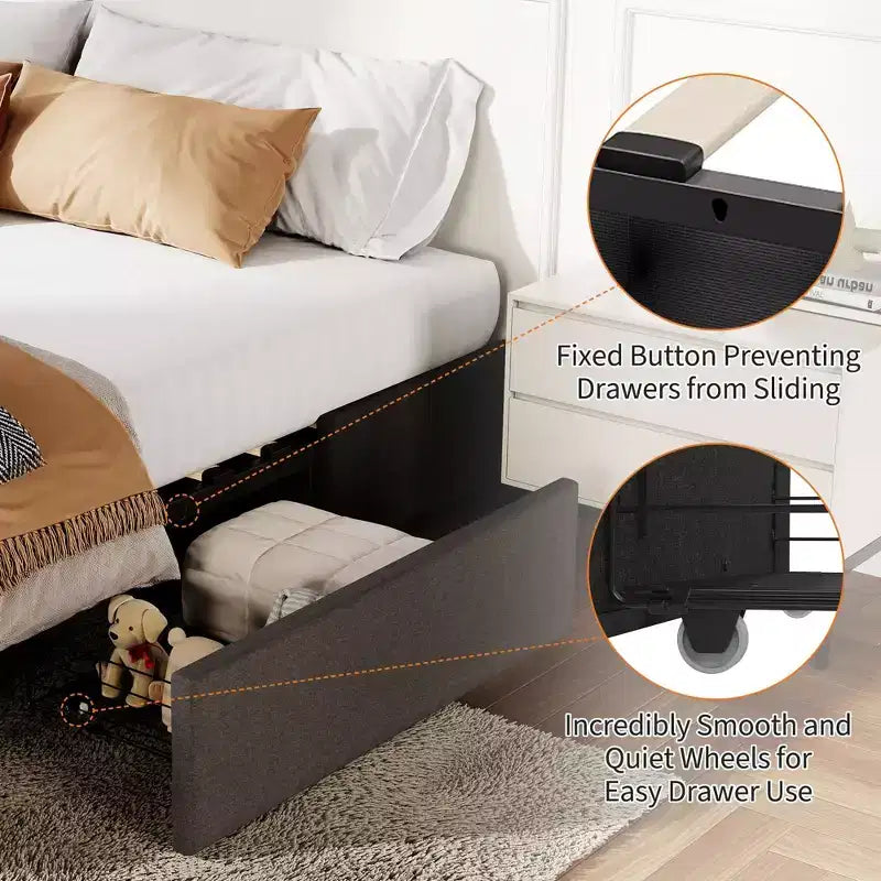 Letto a piattaforma contenitore matrimoniale con 3 ampi cassetti, letto imbottito in tessuto grigio scuro con doghe in legno, non è necessaria la rete a molle, senza rumore