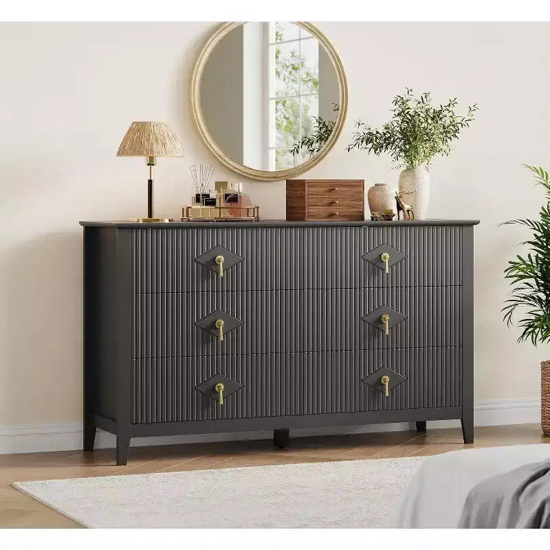 Cassettiera a 6 cassetti extra larga da 54 pollici con pannelli scanalati, mobile TV con finitura in rovere, per camera da letto, soggiorno, corridoio
