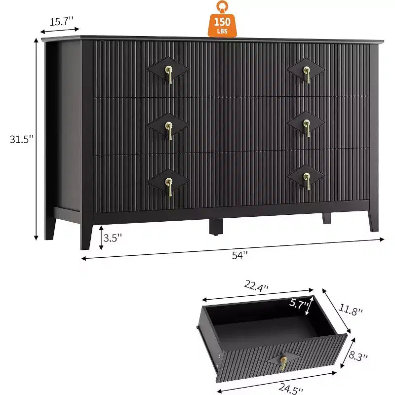 Cassettiera a 6 cassetti extra larga da 54 pollici con pannelli scanalati, mobile TV con finitura in rovere, per camera da letto, soggiorno, corridoio