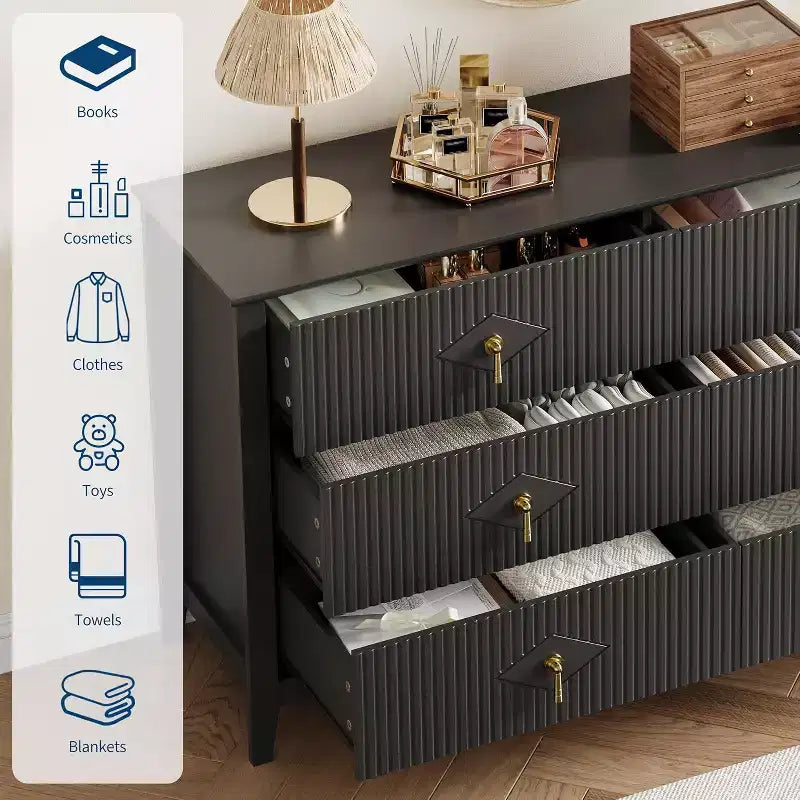 Cassettiera a 6 cassetti extra larga da 54 pollici con pannelli scanalati, mobile TV con finitura in rovere, per camera da letto, soggiorno, corridoio