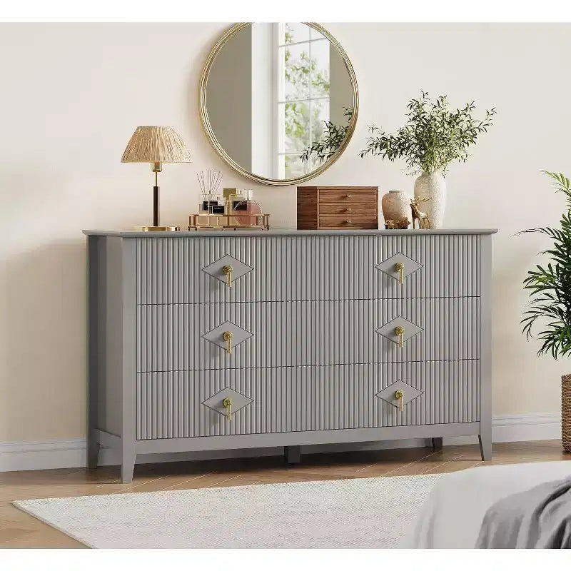 Cassettiera a 6 cassetti extra larga da 54 pollici con pannelli scanalati, mobile TV con finitura in rovere, per camera da letto, soggiorno, corridoio