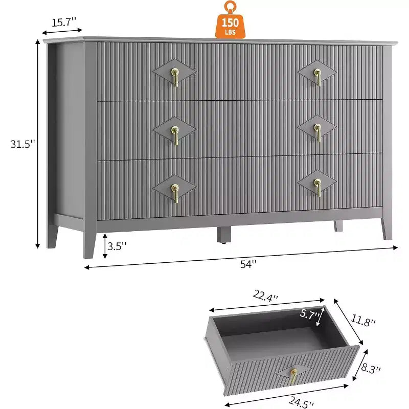 Cassettiera a 6 cassetti extra larga da 54 pollici con pannelli scanalati, mobile TV con finitura in rovere, per camera da letto, soggiorno, corridoio