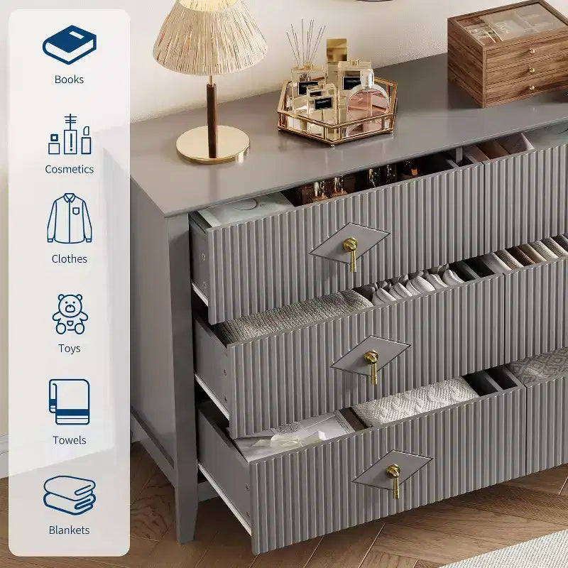 Cassettiera a 6 cassetti extra larga da 54 pollici con pannelli scanalati, mobile TV con finitura in rovere, per camera da letto, soggiorno, corridoio
