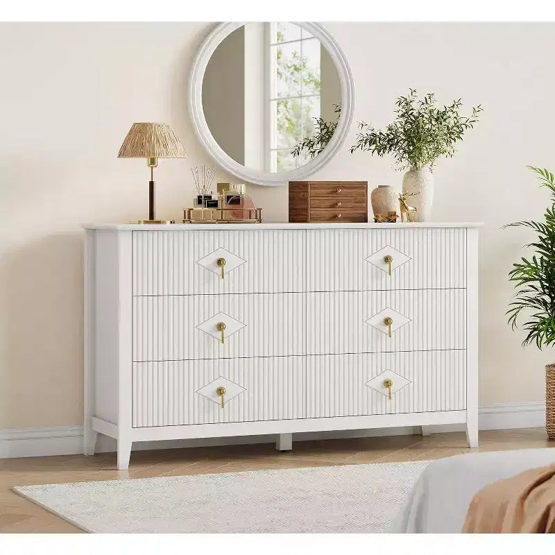 Cassettiera a 6 cassetti extra larga da 54 pollici con pannelli scanalati, mobile TV con finitura in rovere, per camera da letto, soggiorno, corridoio