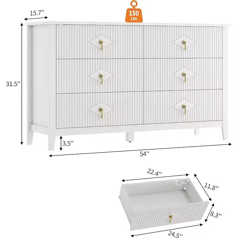 Cassettiera a 6 cassetti extra larga da 54 pollici con pannelli scanalati, mobile TV con finitura in rovere, per camera da letto, soggiorno, corridoio