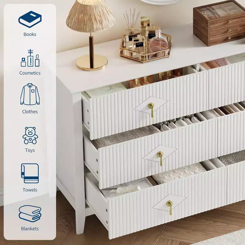 Cassettiera a 6 cassetti extra larga da 54 pollici con pannelli scanalati, mobile TV con finitura in rovere, per camera da letto, soggiorno, corridoio