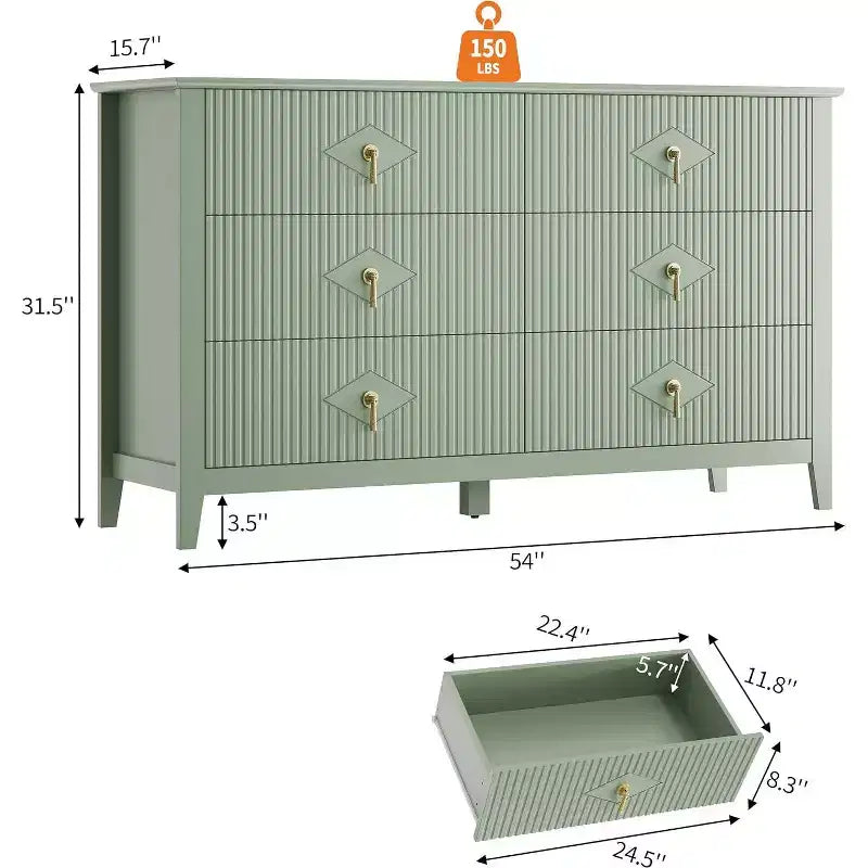 Cassettiera a 6 cassetti extra larga da 54 pollici con pannelli scanalati, mobile TV con finitura in rovere, per camera da letto, soggiorno, corridoio