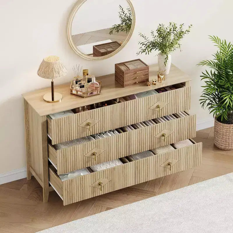 Cassettiera a 6 cassetti extra larga da 54 pollici con pannelli scanalati, mobile TV con finitura in rovere, per camera da letto, soggiorno, corridoio
