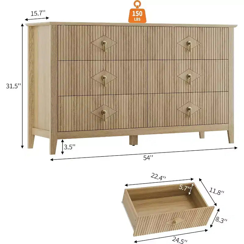 Cassettiera a 6 cassetti extra larga da 54 pollici con pannelli scanalati, mobile TV con finitura in rovere, per camera da letto, soggiorno, corridoio