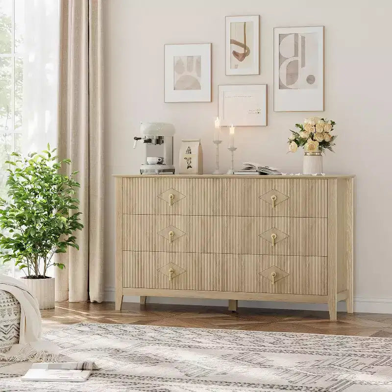 Cassettiera a 6 cassetti extra larga da 54 pollici con pannelli scanalati, mobile TV con finitura in rovere, per camera da letto, soggiorno, corridoio
