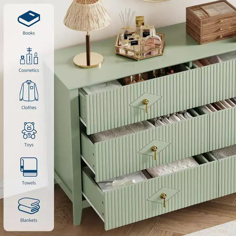 Cassettiera a 6 cassetti extra larga da 54 pollici con pannelli scanalati, mobile TV con finitura in rovere, per camera da letto, soggiorno, corridoio