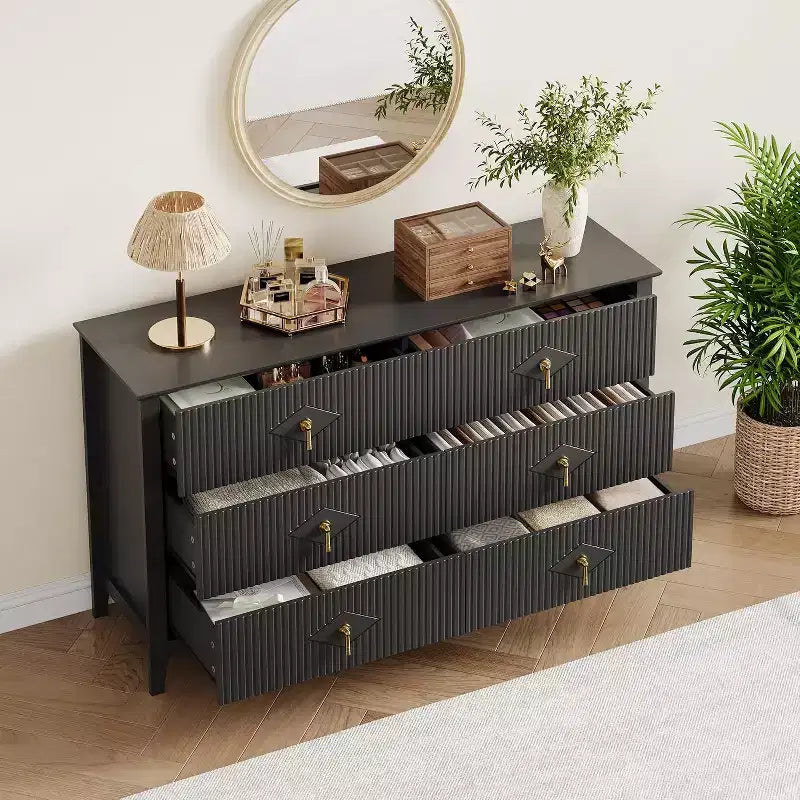 Cassettiera a 6 cassetti extra larga da 54 pollici con pannelli scanalati, mobile TV con finitura in rovere, per camera da letto, soggiorno, corridoio